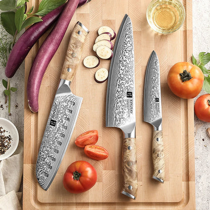1-3PCS Damascus Steel Knife Set Chef Santoku Utility Knives 67 Layers Super Steel Figured Sycamore Brass Rivets 60HRC