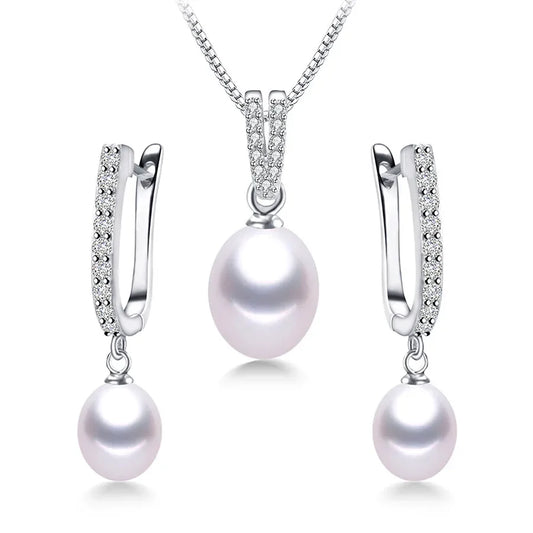 Horseshoe 8-9Mm Rice Freshwater Pearl Earrings&Necklaces Jewelry Set for Women 925 Sterling Silver 45Cm Pendant Necklace