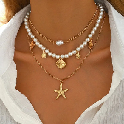 Alloy Beads Multi-Layer Necklace Beach Style Holiday Travel Starfish Pendant Necklace Jewelry Gift Shell Necklace for Women