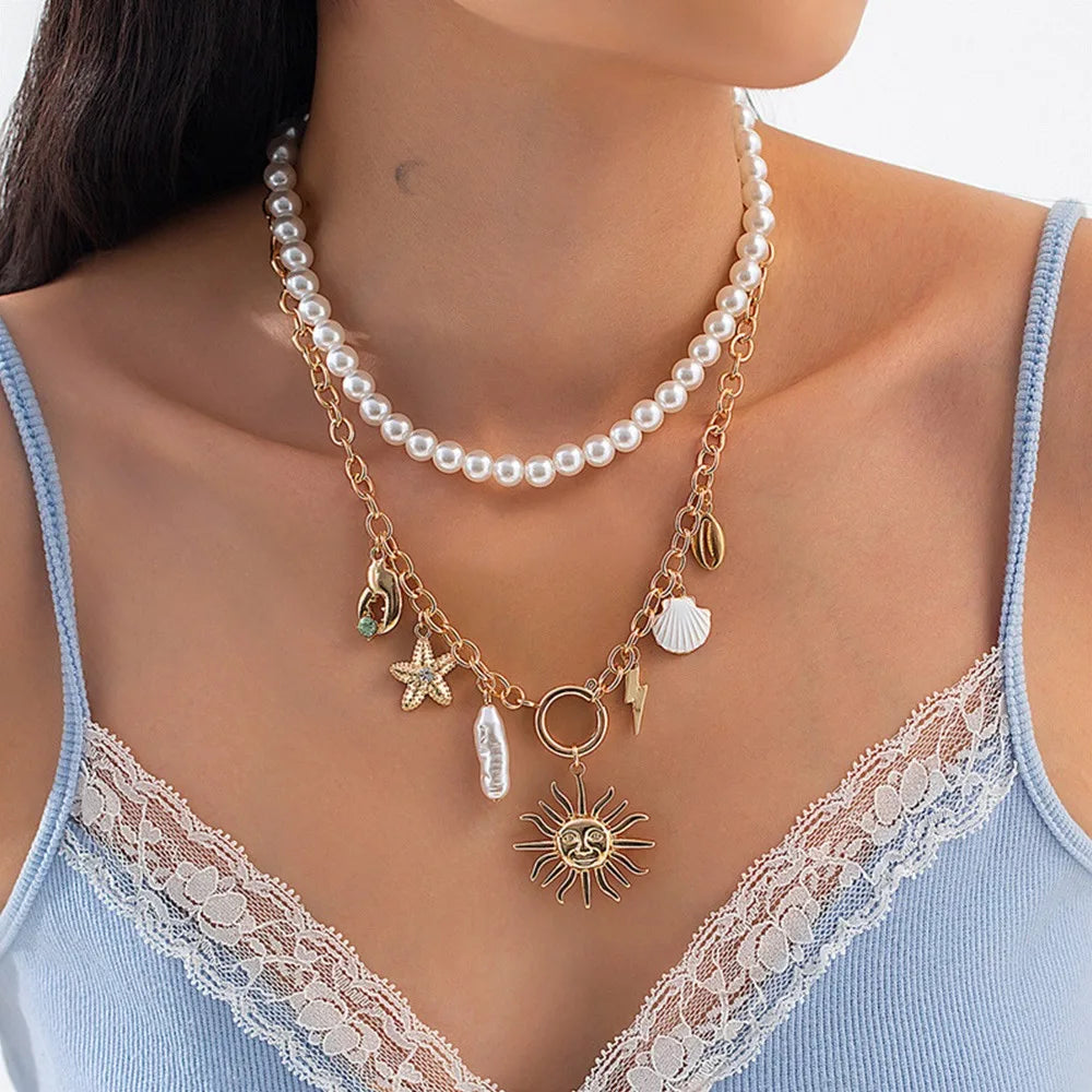 Alloy Beads Multi-Layer Necklace Beach Style Holiday Travel Starfish Pendant Necklace Jewelry Gift Shell Necklace for Women