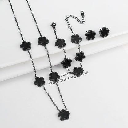 3Pcs 18K Gold-Plated Five-Leaf Flower Necklace Earrings Bracelet Jewelry Set for Woman Fashion Party Jewelry Daily Wear Clover