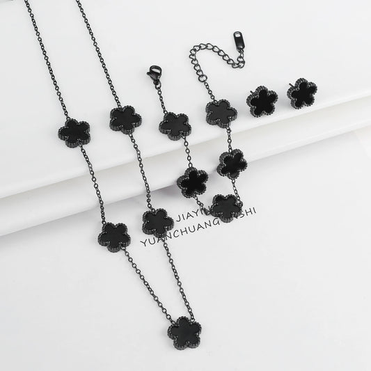 3Pcs 18K Gold-Plated Five-Leaf Flower Necklace Earrings Bracelet Jewelry Set for Woman Fashion Party Jewelry Daily Wear Clover