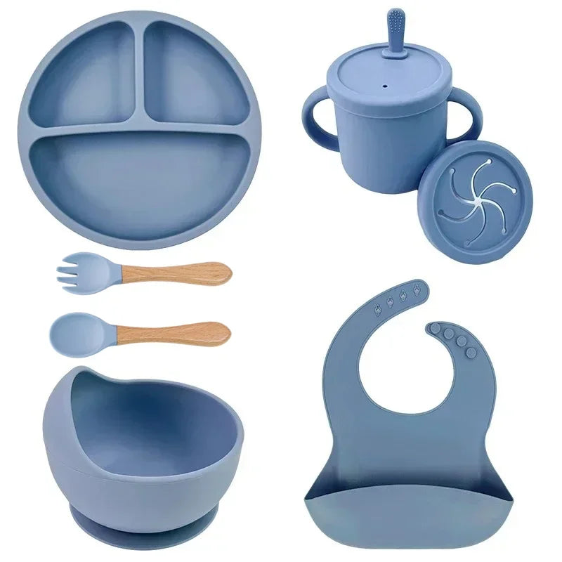 Food Grade Silicone Child Dish Set Baby Feeding Bowl Suction Plate Straw Cup Wooden Spoon Fork for Kids Tableware Toddler Dishes