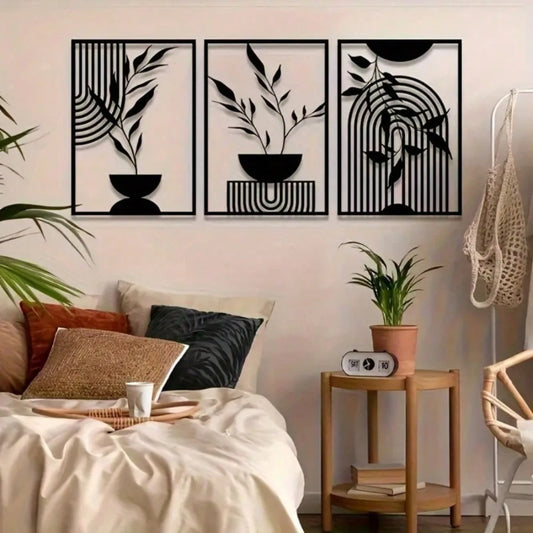 Metal Wall Art Black Iron 3-Piece Set, Abstract Line Decor for Living Room Bedroom Indoor Outdoor