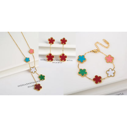 3Pcs 18K Gold-Plated Five-Leaf Flower Necklace Earrings Bracelet Jewelry Set for Woman Fashion Party Jewelry Daily Wear Clover