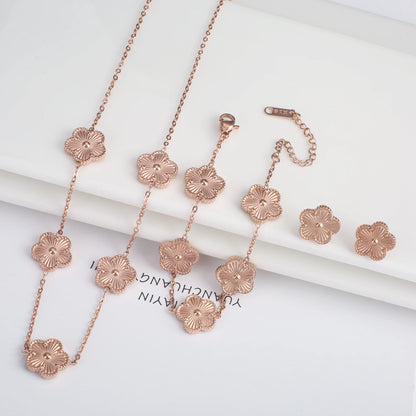 3Pcs 18K Gold-Plated Five-Leaf Flower Necklace Earrings Bracelet Jewelry Set for Woman Fashion Party Jewelry Daily Wear Clover