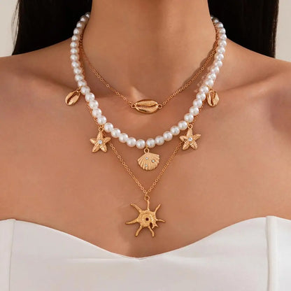 Alloy Beads Multi-Layer Necklace Beach Style Holiday Travel Starfish Pendant Necklace Jewelry Gift Shell Necklace for Women