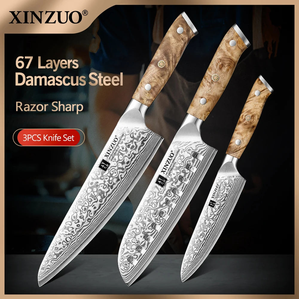1-3PCS Damascus Steel Knife Set Chef Santoku Utility Knives 67 Layers Super Steel Figured Sycamore Brass Rivets 60HRC