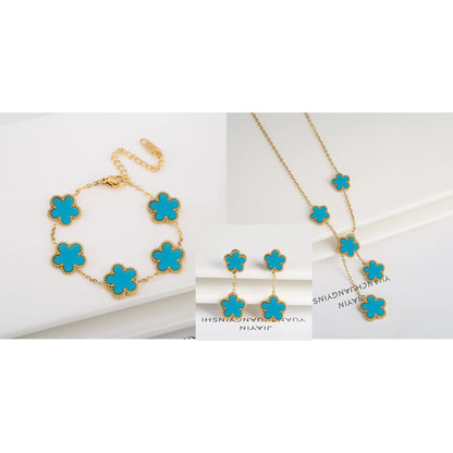 3Pcs 18K Gold-Plated Five-Leaf Flower Necklace Earrings Bracelet Jewelry Set for Woman Fashion Party Jewelry Daily Wear Clover