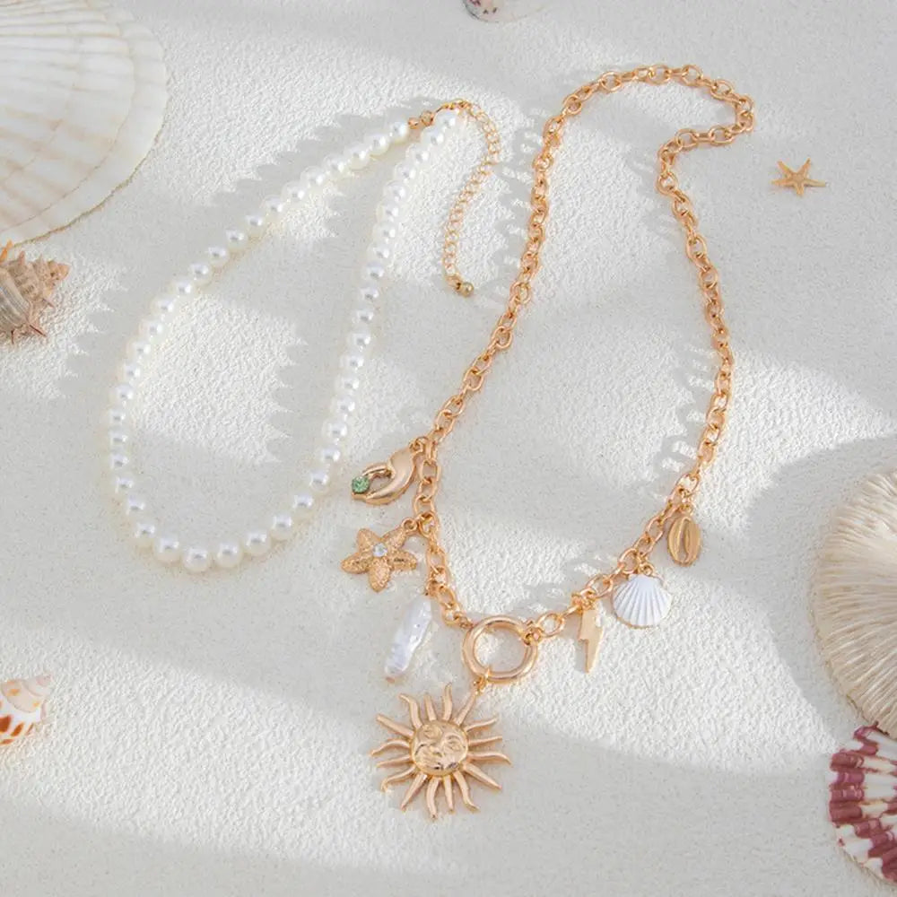 Alloy Beads Multi-Layer Necklace Beach Style Holiday Travel Starfish Pendant Necklace Jewelry Gift Shell Necklace for Women