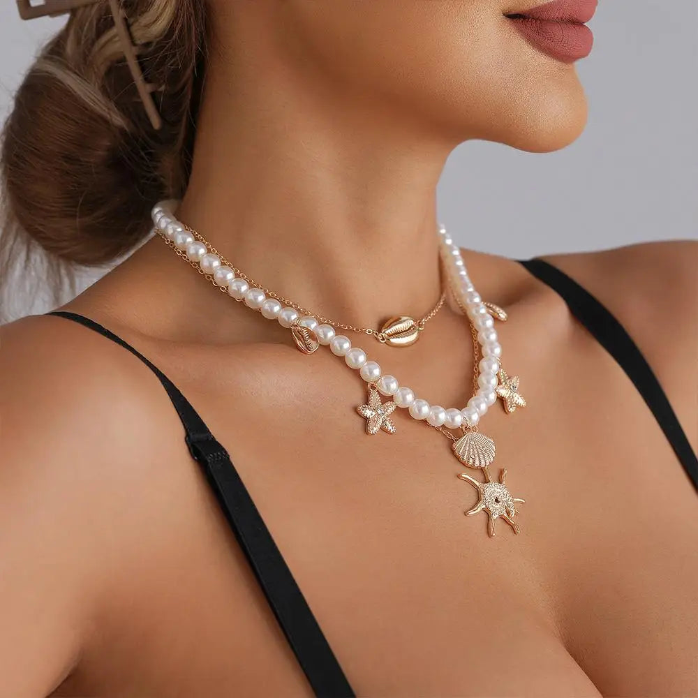 Alloy Beads Multi-Layer Necklace Beach Style Holiday Travel Starfish Pendant Necklace Jewelry Gift Shell Necklace for Women