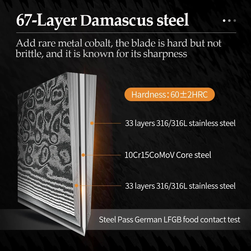 1-3PCS Damascus Steel Knife Set Chef Santoku Utility Knives 67 Layers Super Steel Figured Sycamore Brass Rivets 60HRC