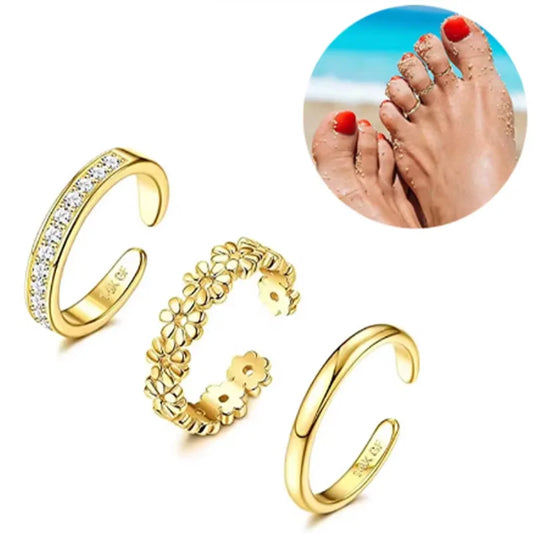 3Pcs Gold Plated Dazzling Zircon Toe Ring for Women Girls Classic Adjustable Fashion Summer Beach Foot Jewelry
