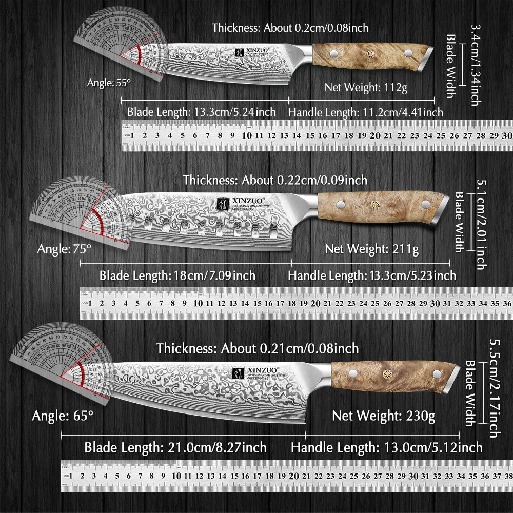 1-3PCS Damascus Steel Knife Set Chef Santoku Utility Knives 67 Layers Super Steel Figured Sycamore Brass Rivets 60HRC