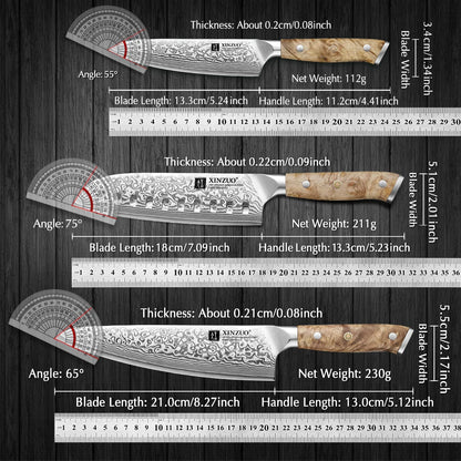1-3PCS Damascus Steel Knife Set Chef Santoku Utility Knives 67 Layers Super Steel Figured Sycamore Brass Rivets 60HRC