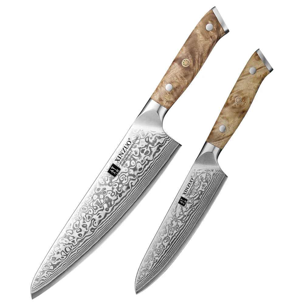 1-3PCS Damascus Steel Knife Set Chef Santoku Utility Knives 67 Layers Super Steel Figured Sycamore Brass Rivets 60HRC