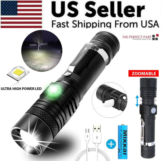 90000LM Ultra-High Brightness Zoomable LED Tactical Flashlight with Rechargeable Battery - Illuminate Your World!